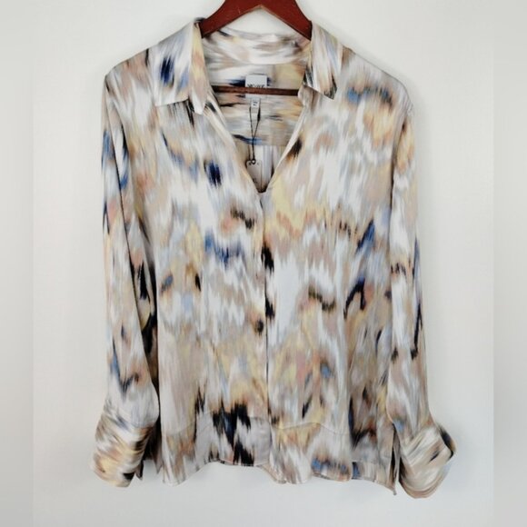 NIC+ZOE Woven Ikat Button Front Blouse XL Beige Tan Office Casual F211644 - Picture 2 of 8